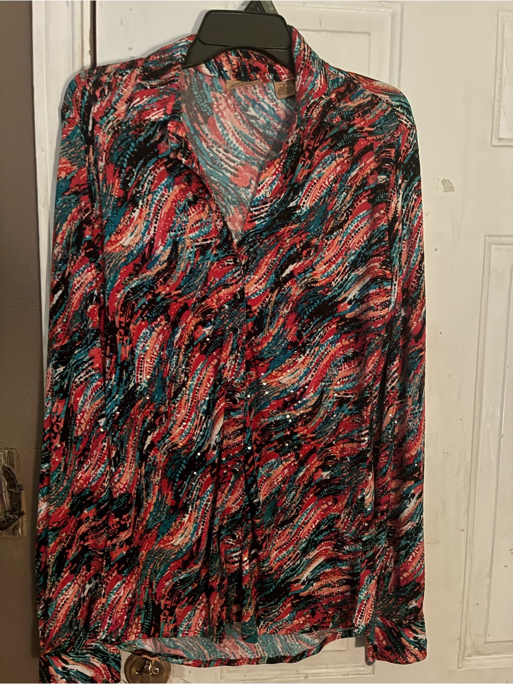 Wrangler Red Black Teal Printed Shirt abstract print size small women